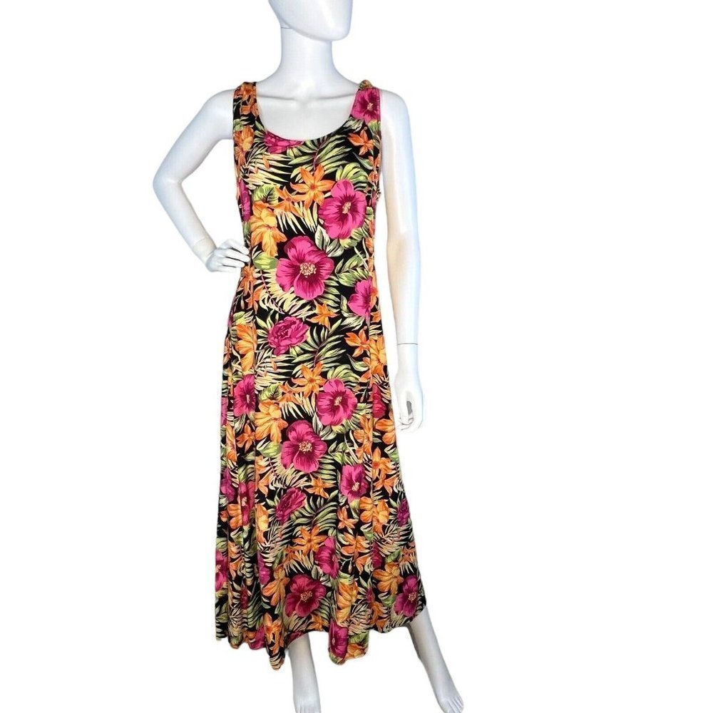 Express Sz 13 14 90s Colorful Tropical Hawaiian Print Rayon Midi Dress Vtg